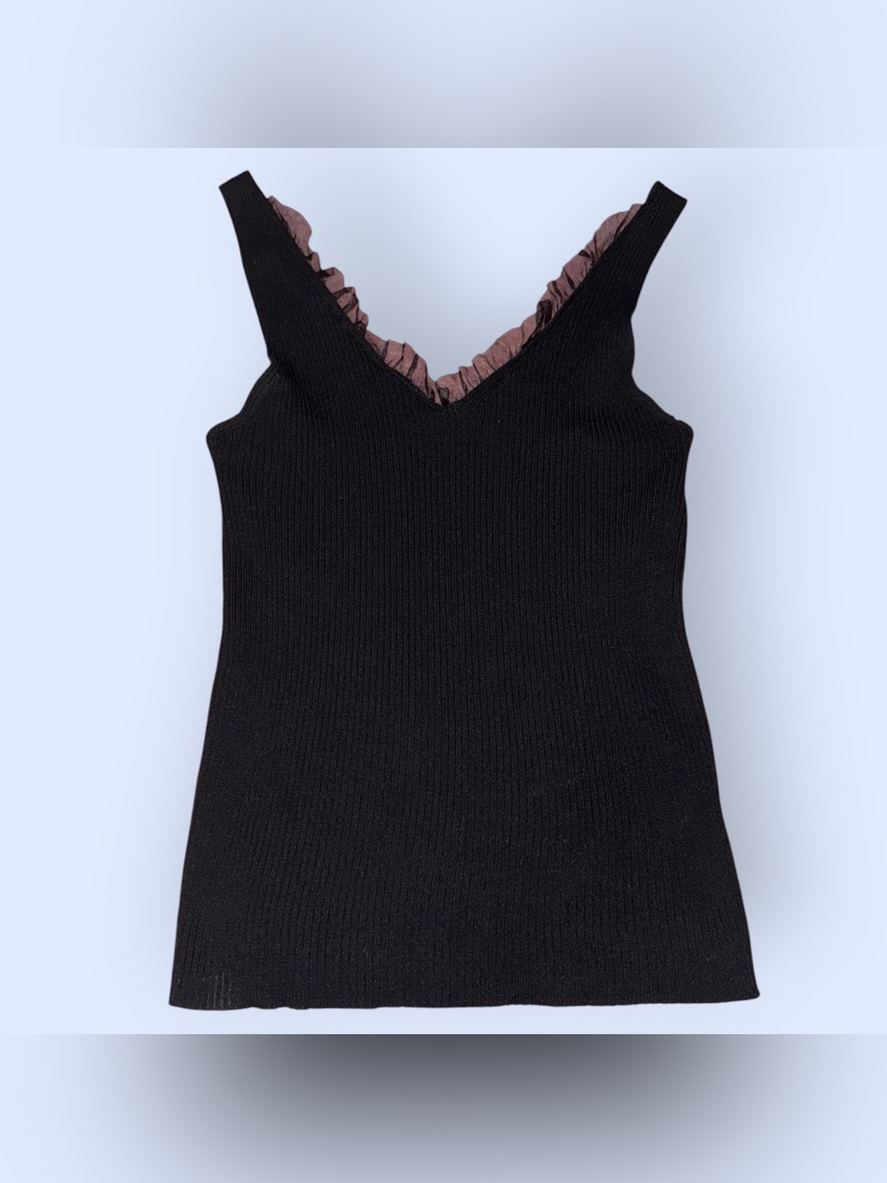 QED London Black Ribbed V-Neck Tank with Mauve Ruffle